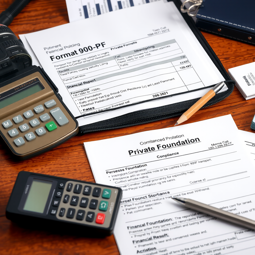 Professional desk setup showing Form 990-PF tax documents, financial reports, and compliance materials for private foundation tax filing, with calculator and organized folders demonstrating proper record-keeping practices