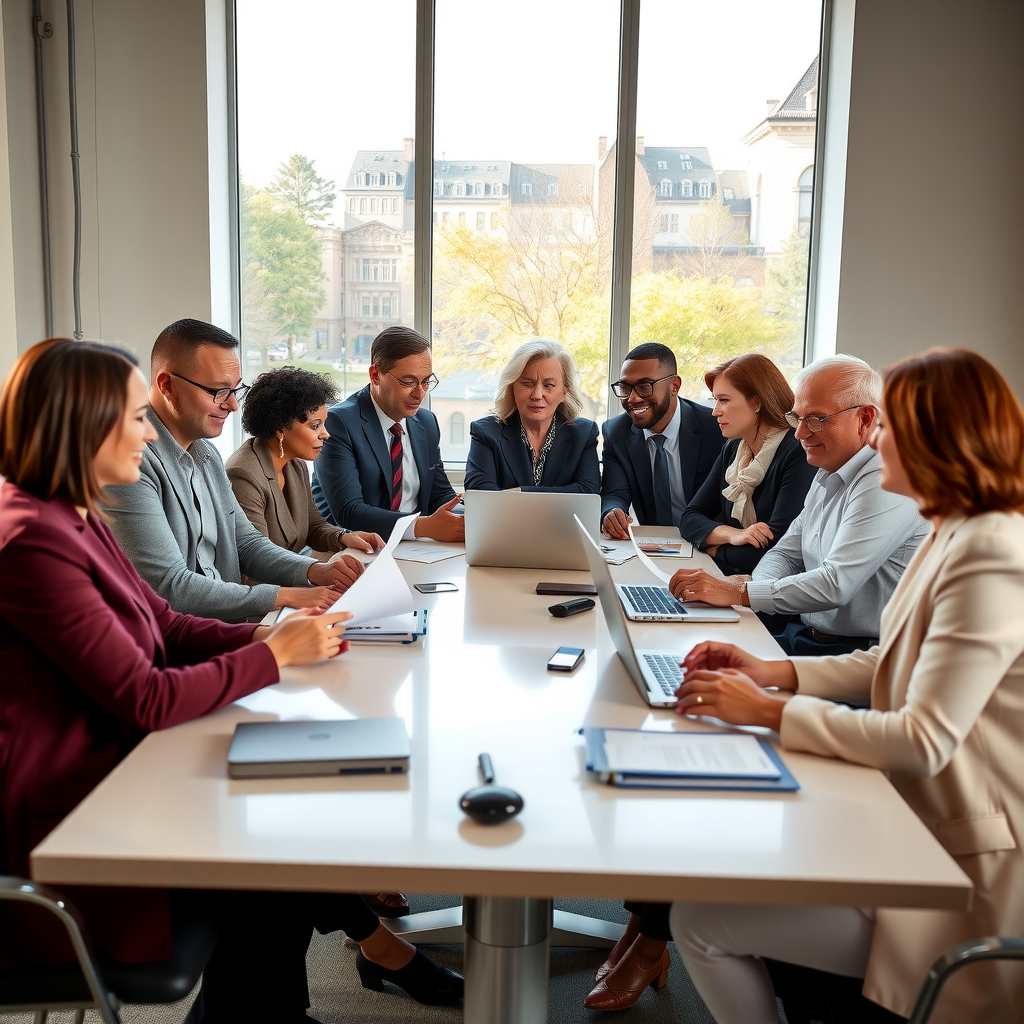 Diverse group of foundation leaders and philanthropic professionals sitting around a modern conference table, engaged in collaborative discussion with documents and laptops, natural lighting from large windows, professional yet warm atmosphere