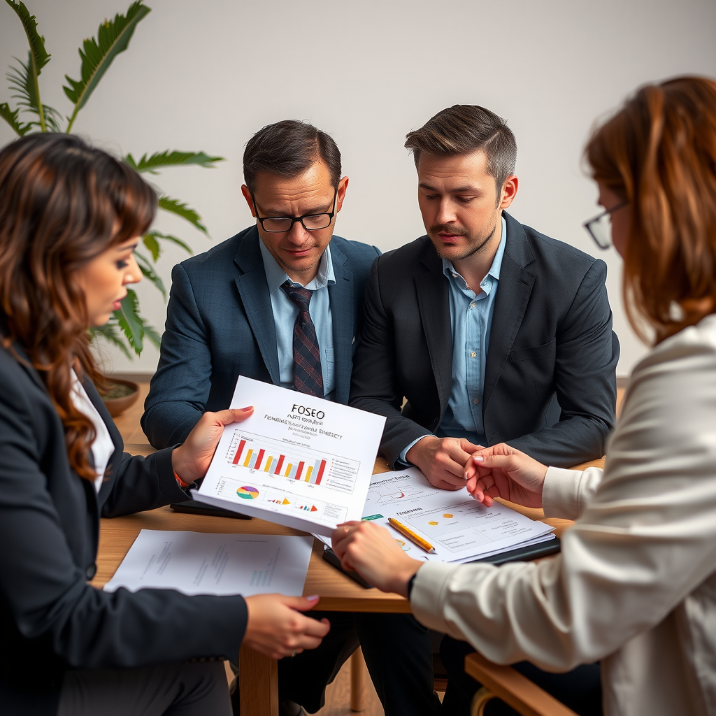 Professional consultants working with clients on foundation development strategy, reviewing documents and charts showing philanthropic impact metrics and grantmaking frameworks