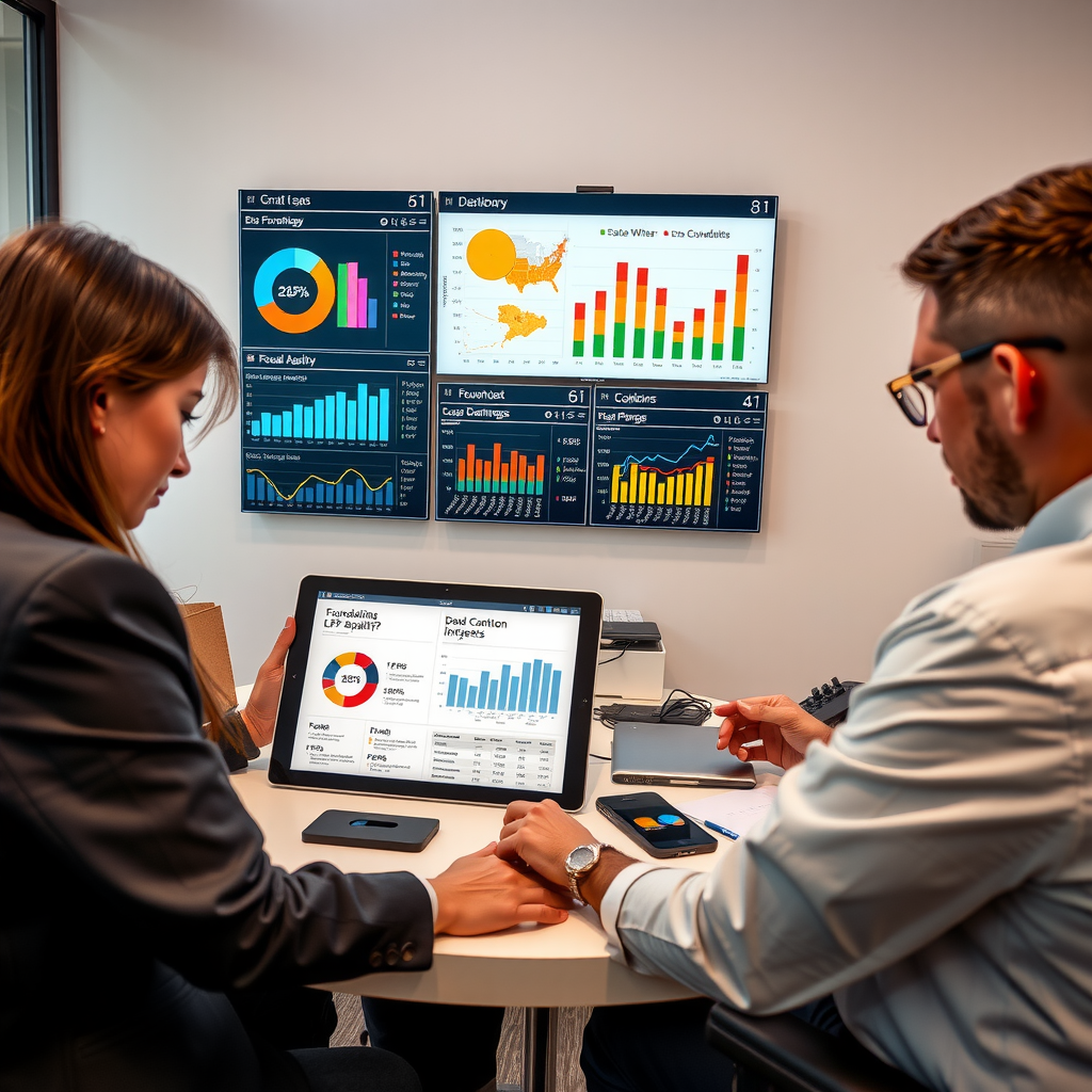 Foundation professionals in a modern office setting examining detailed data analytics dashboards, impact measurement charts, and digital technology platforms displaying grantmaking performance indicators and community feedback metrics