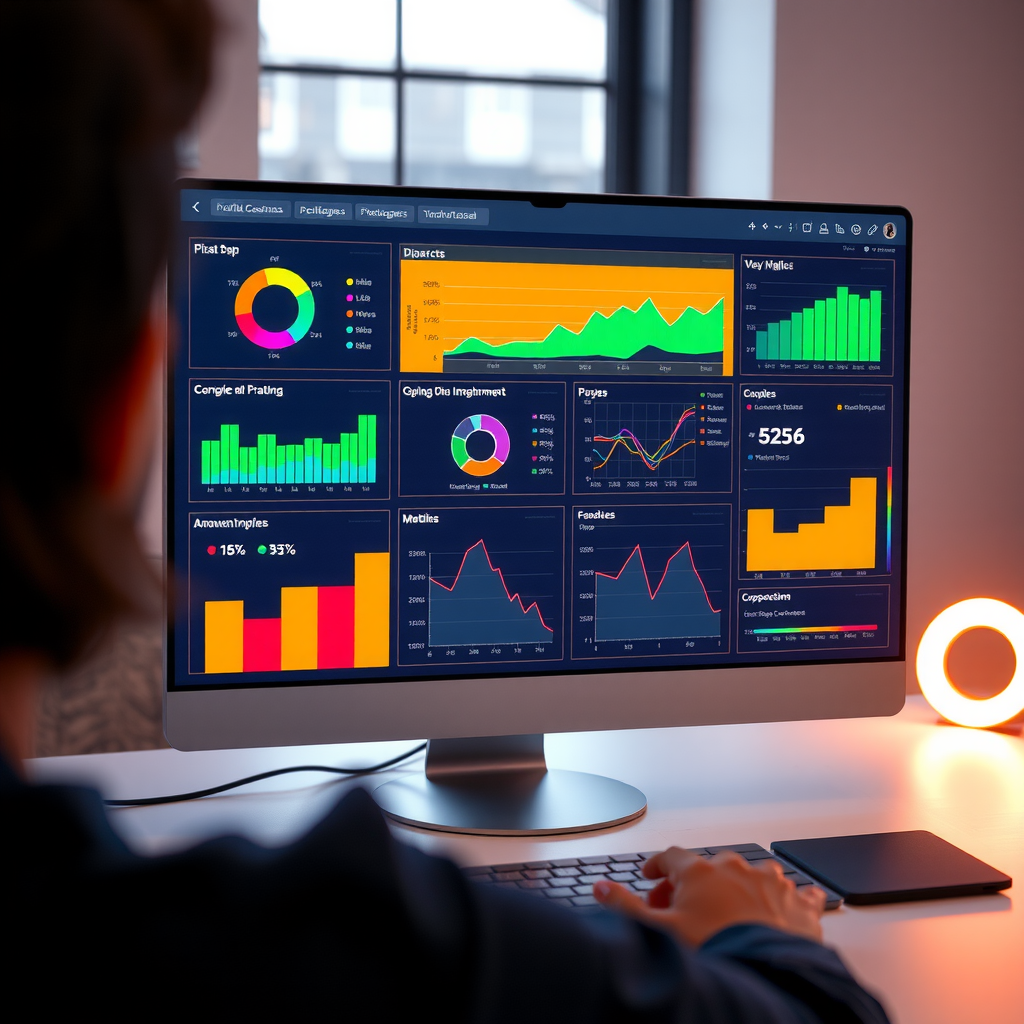 Modern computer screen displaying colorful data visualization dashboard with graphs, charts, and impact metrics for philanthropic initiatives, representing data-driven grantmaking decisions