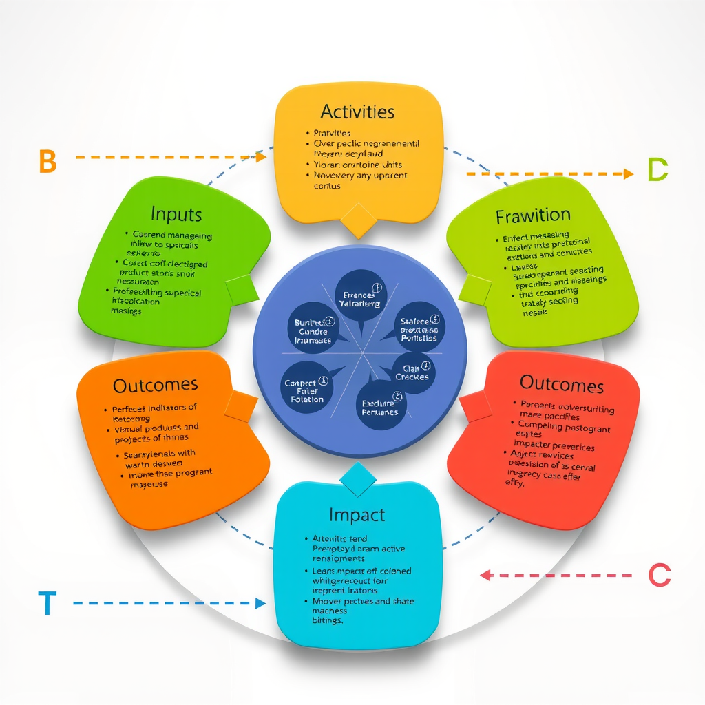 Detailed infographic showing interconnected components of an impact measurement framework including inputs, activities, outputs, outcomes, and impact indicators with arrows showing relationships