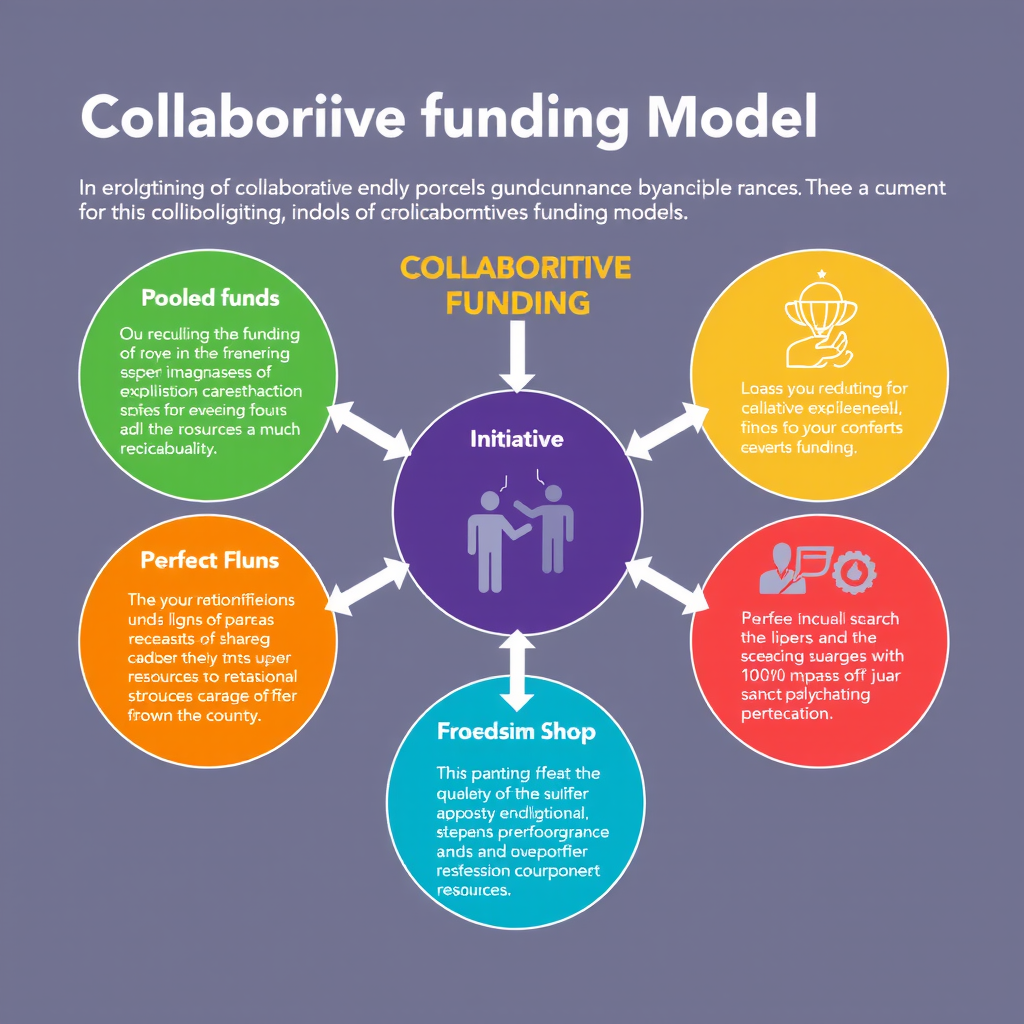 Infographic showing different types of collaborative funding models including pooled funds, co-funding initiatives, and foundation partnerships, with connecting arrows and icons representing shared resources and decision-making structures