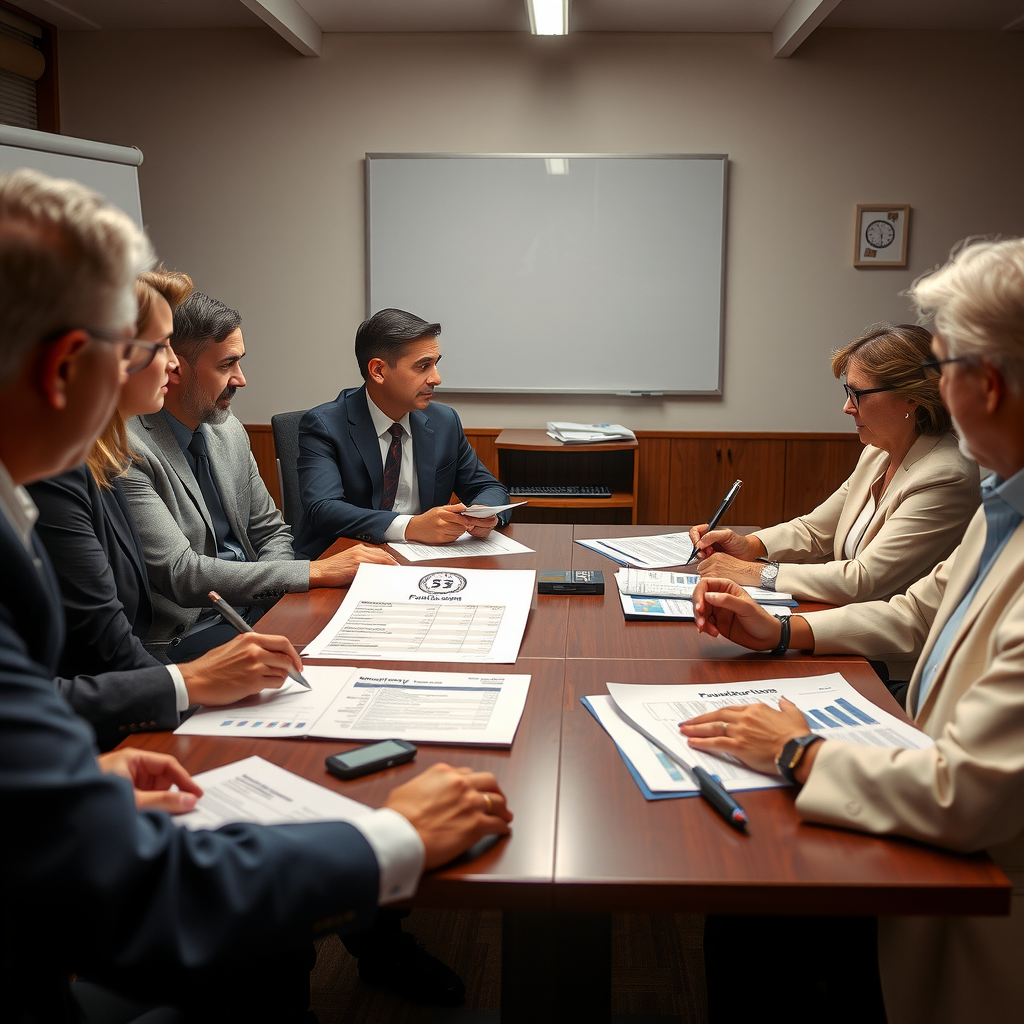 Foundation board meeting scene with trustees reviewing grant distribution plans, financial reports showing five percent distribution calculations, and strategic planning documents for charitable giving programs