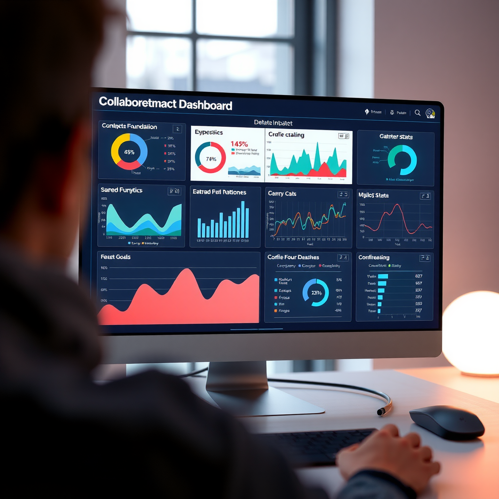 Computer screen displaying collaborative impact dashboard with charts, graphs, and metrics showing combined foundation outcomes, data visualization of shared goals and achievements, professional analytics interface