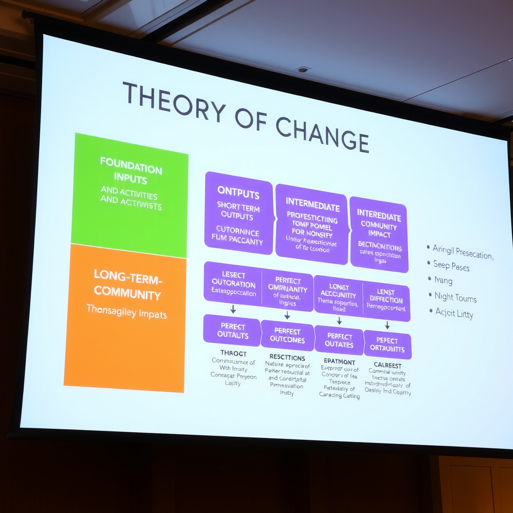 Detailed theory of change flowchart displayed on a large presentation screen showing the logical progression from foundation inputs and activities through short-term outputs, intermediate outcomes, and long-term community impact, with arrows indicating causal relationships and feedback loops