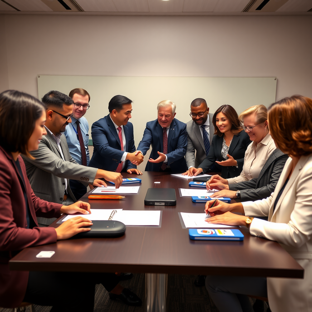 Diverse group of foundation directors and representatives from different organizations gathered around a conference table shaking hands and signing collaborative funding partnership agreements, symbolizing cooperation in philanthropy