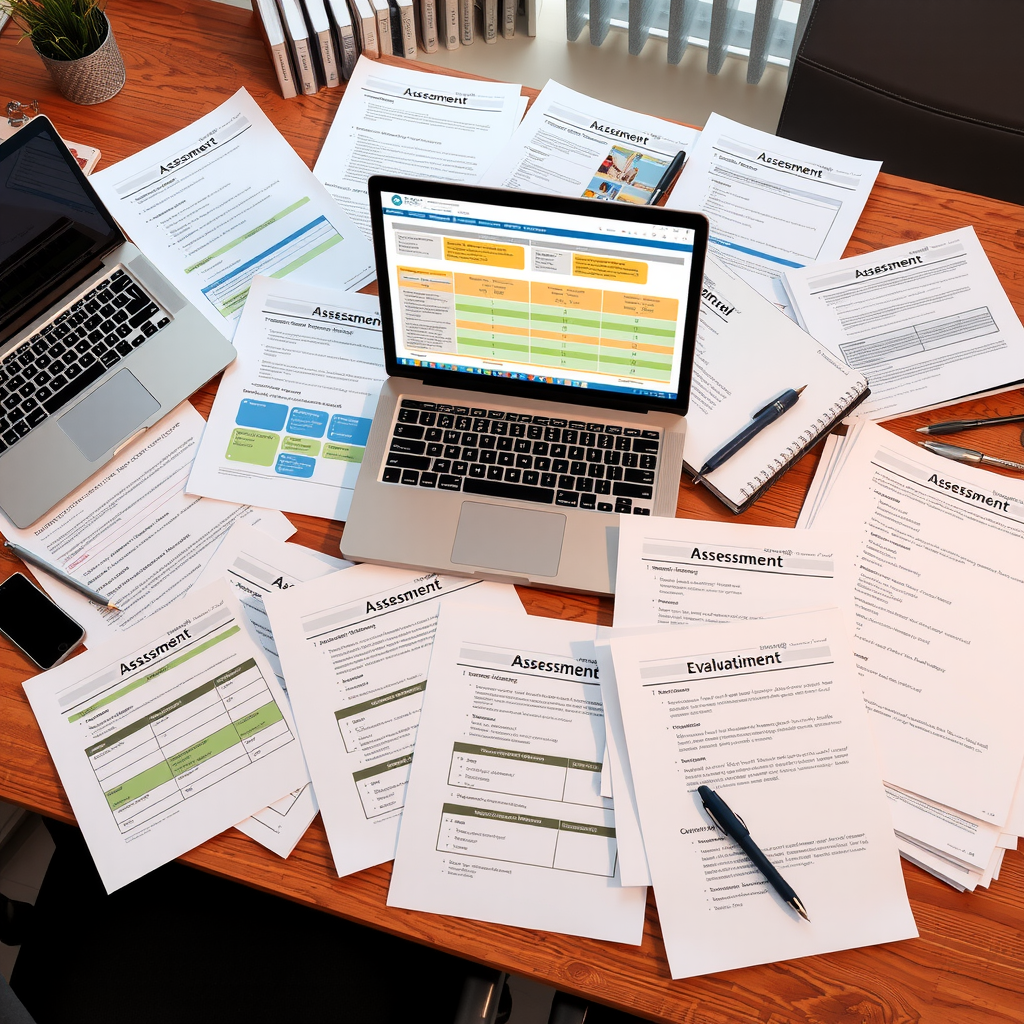 Organized workspace showing various assessment documents, templates, and evaluation tools spread across a desk with a laptop, including logic models, survey instruments, and data collection forms