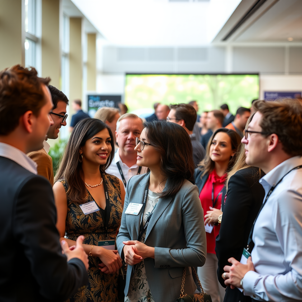 Philanthropic professionals networking at foundation conference, diverse group engaged in conversation, name tags visible, modern conference venue with natural lighting, collaborative atmosphere