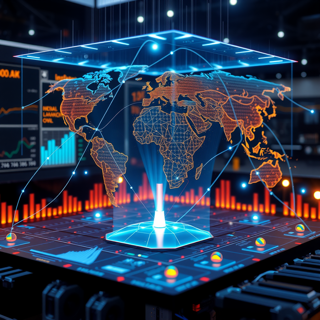 Futuristic visualization showing holographic displays of global impact data, AI-powered analytics, and interconnected networks representing collaborative philanthropy and data-driven decision making in modern foundation work