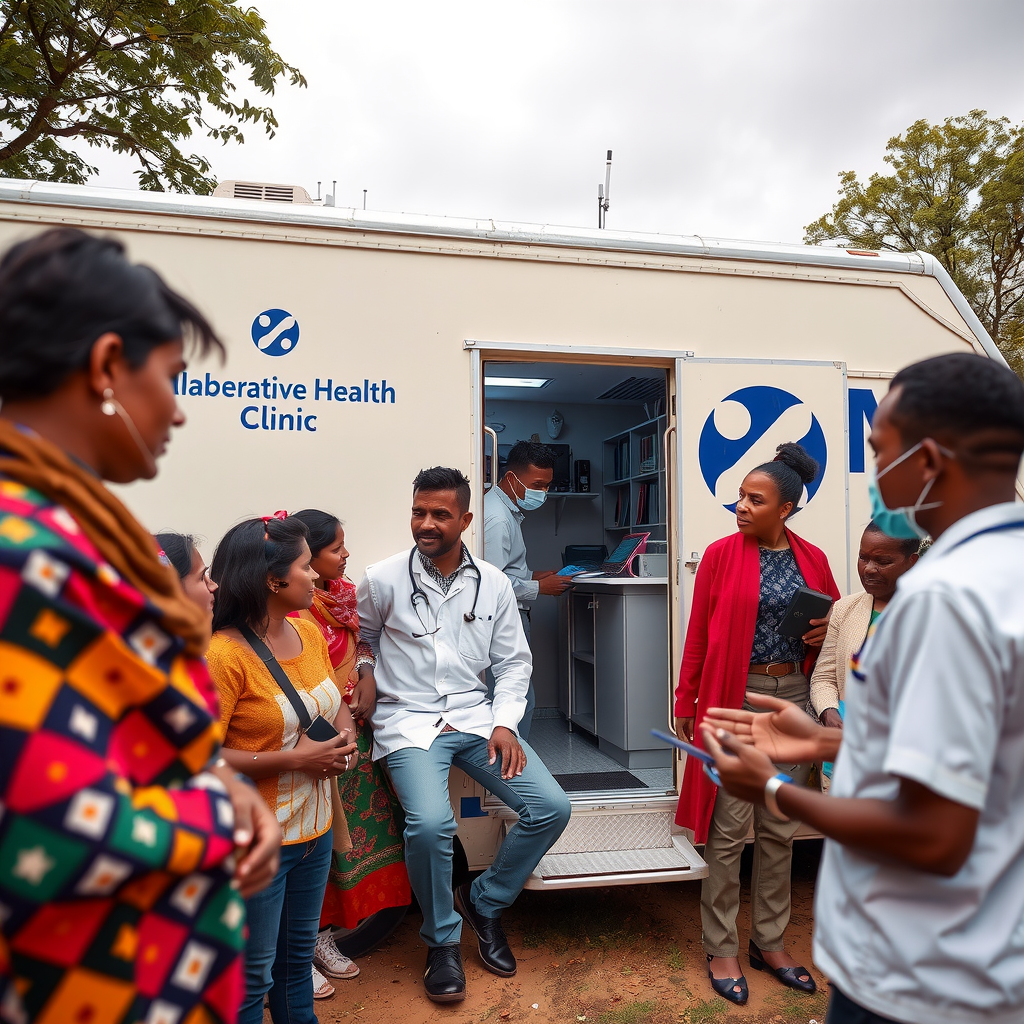 Mobile health clinic serving rural community, healthcare workers providing services to diverse patients, collaborative foundation logos visible on clinic exterior, community members receiving care
